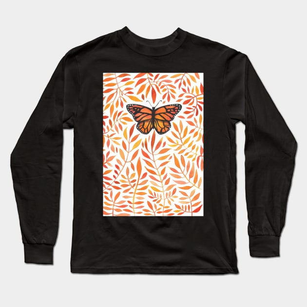 Monarch in the Orange Leaves Long Sleeve T-Shirt by JCPhillipps